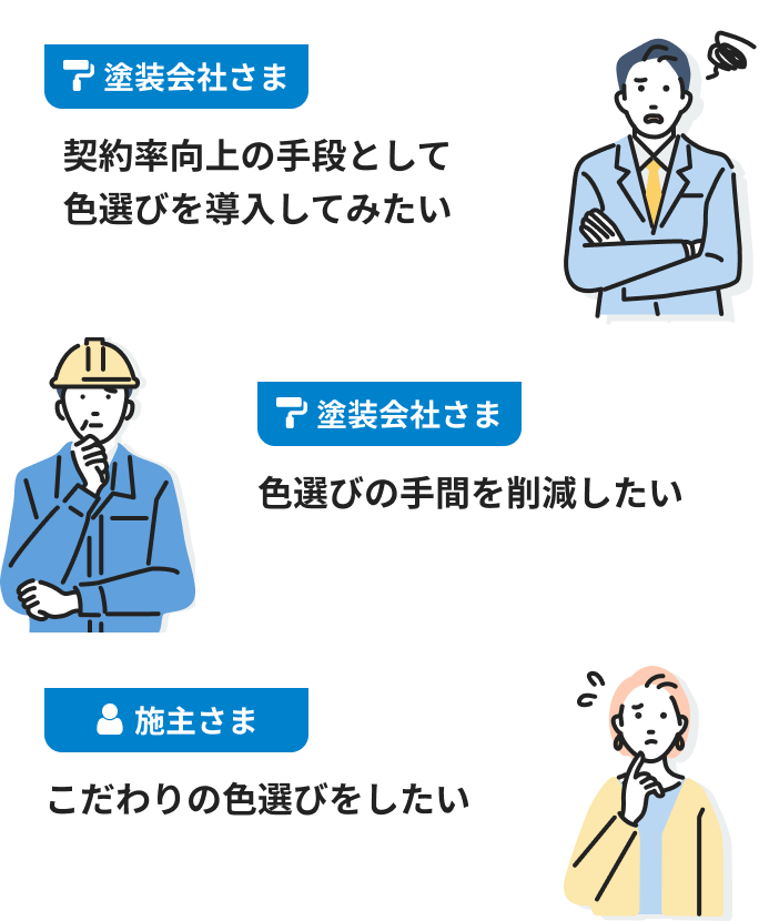 塗装会社さま：契約率向上の手段として色選びを導入してみたい、塗装会社さま：色選びの手間を削減したい、施主さま：こだわりの色選びをしたい